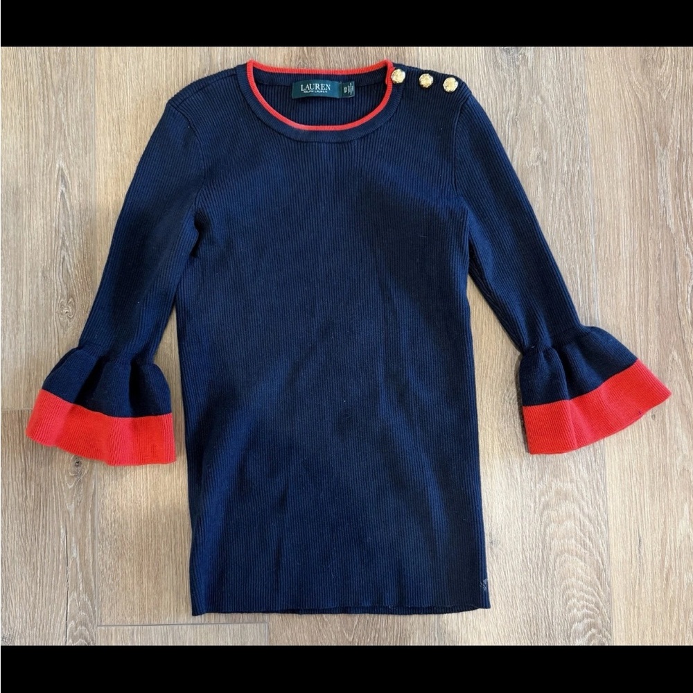 Ralph Lauren Navy Rib Knit Sweater Dress with Red Trim and Gold Button
